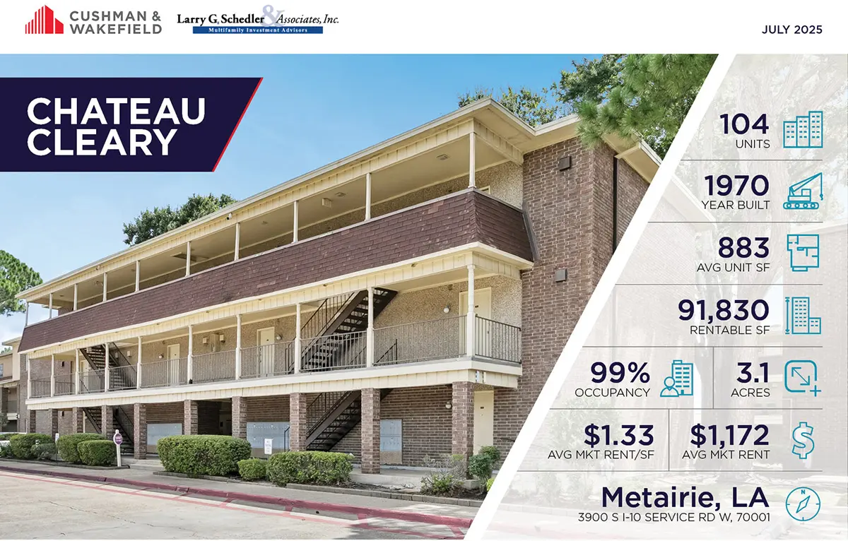 Chateau Cleary: 104 Units, Built in 1970, average unit size 883 square feet, 91,830 rentable square feet, 99% occupancy, 3.1 acres, $1.33 average rent per square foot, $1,172 average market rent, located at 3900 S I-10 Service Road West in Metairie, Louisiana 70001